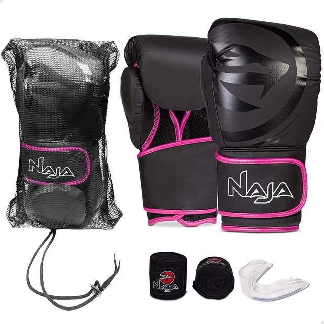 Kit Luva Muay Thai Boxe Naja Black Line Com Bucal E Bandagem Kit Luva Muay Thai Boxe Naja Black Line Com Bucal E Bandagem