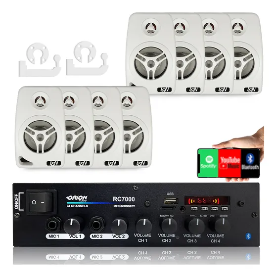 Kit Som Ambiente 500w Bt+8 Caixas Parede Brancas Leson 