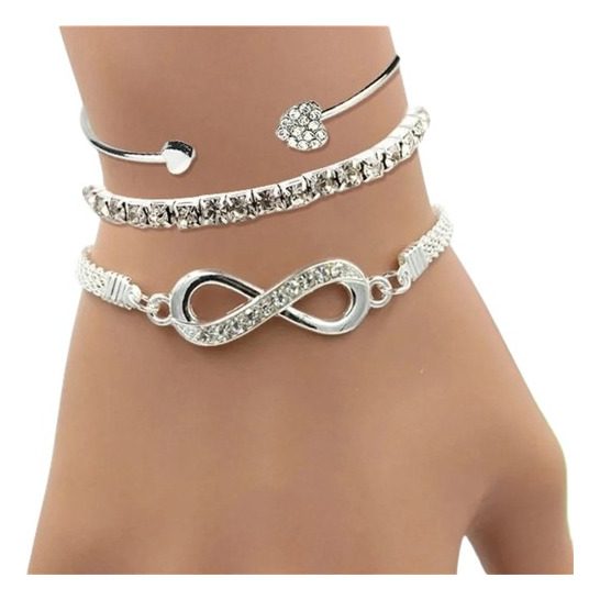 Kit 03 Pulseiras Feminina Coração Infinito Banhado Prata 925 Kit 03 Pulseiras Feminina Coração Infinito Banhado Prata 925