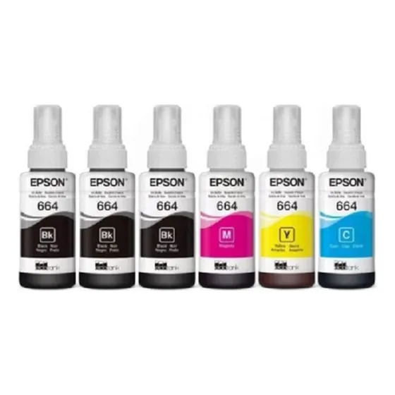 Kit 6 Refil Tinta Para Epson T664 3 Unidade Preto e 1 Unidade Amarelo Ciano e Magenta