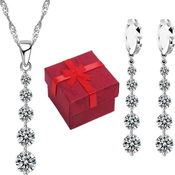 Conjunto Plata 925 Punto De Luz Collar Aretes Mujer Cadena