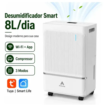 Desumidificador Compressor Airluma 8L/dia Antimofo com Wi-Fi e Drenagem Contínua, Silencioso, Até 120 m², Timer 24h, Filtro Lavável, Para Quarto e Banheiro, Rodinhas 360°, Branco