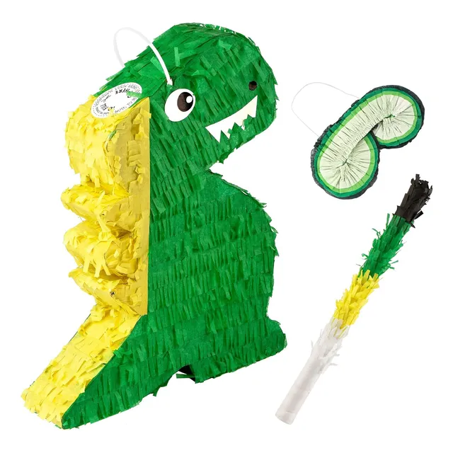 Piñata De T Rex Verde Para Cumpleaños Con Vendaje Y Mazo, 1