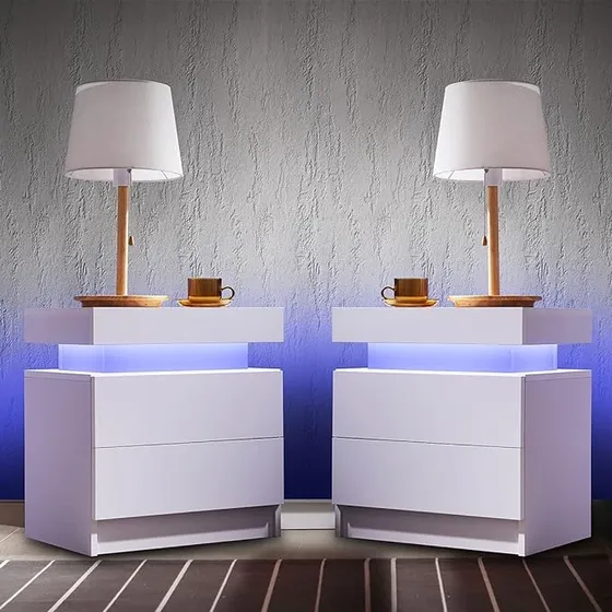 Velador Con Luz Variable Con 2 Cajones Homer Design 52*35*49 Color Blanco