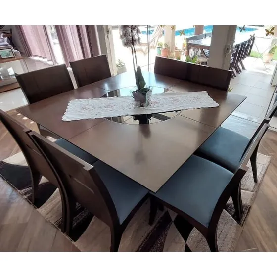 Mesa Quadrada Mogno 8 Lugares Com 8 Cadeiras