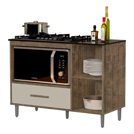 Balcão Cordoba Multiuso: Cooktop 5b Gaveta Nicho Microondas Cor Canela/off White