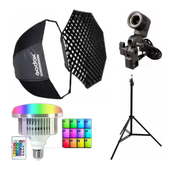 Kit Softbox Godox 80cm C/ Grid Tripé + Suporte + Lâmpada Rgb