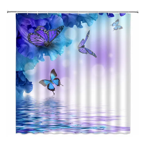 Cortina Ducha Diseño Mariposa Flor Morada Azul Ala Ola Agua