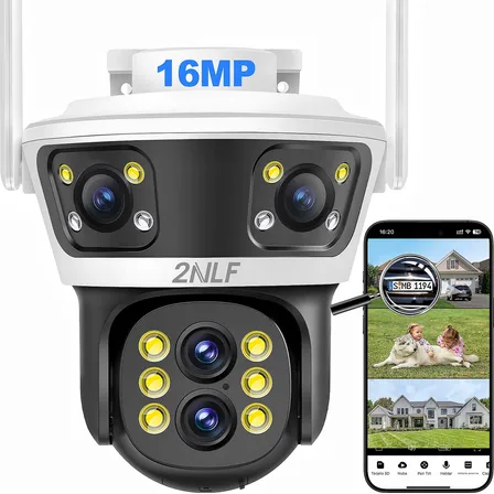 2nlf® 16mp Cámara De Seguridad Wifi ip 360 4 Lentes Zoom Óptico 10x Color Blanco Bidireccional Seguimiento de Movimiento Alarma Móvil Visión Nocturna