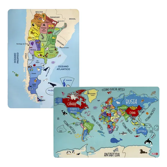 Set 2 Rompecabezas Madera Mapa Argentina Mundo Didactico