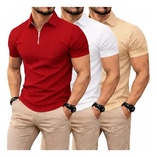 Mm Make Kit 3 Camiseta Polo Manga Curta Com Zíper Masculina Canelada