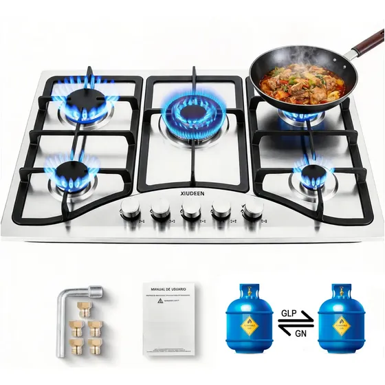 Parrilla De Gas Empotrable Estufa Gas De Mesa 5 Quemadores Acero Inoxidable Plateado 10.8kw Xiudeen