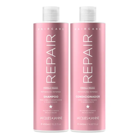 Jacques Janine Repair Shampoo Sem Sal 450ml Condicionador Leave-in 440ml Reparação Intensa Reconstrução Hidratação Brilho Maciez