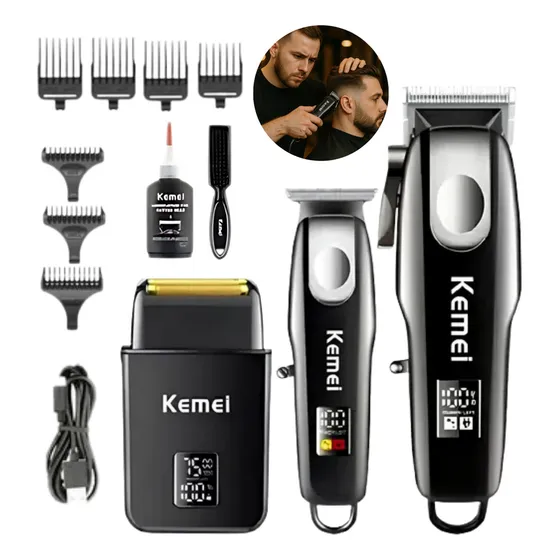 Kit 3 Maquinas Profissional Corte+acabamento+shaver Kemei Cor Preto 127/220v