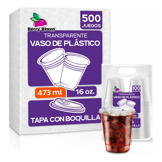Berry Bloom 500 Vasos de Plástico PET de 16 oz 473 ml con Tapa con Boquilla Transparentes Resistentes Vasos Perfectos para Llevar Bebidas Frías Desechable