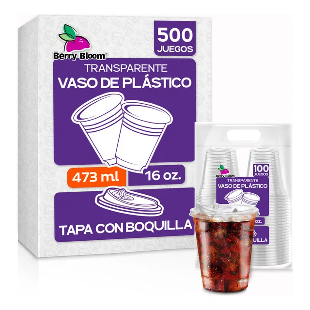 Berry Bloom 500 Vasos de Plástico PET de 16 oz 473 ml con Tapa con Boquilla Transparentes Resistentes Vasos Perfectos para Llevar Bebidas Frías Desechable
