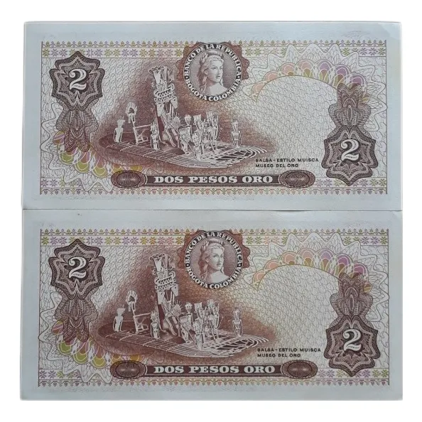 Colombia Duo Consecutivos Billetes De 2 Pesos Oro 1977