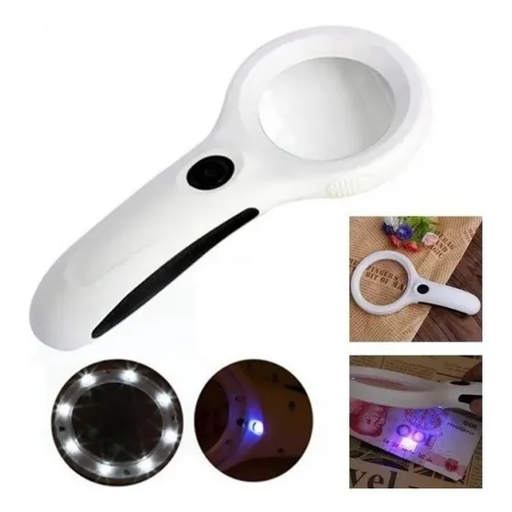 Lupa De Mão 90mm 8x E 2.5x Com 8 Leds Branco E 1 Uv 9588