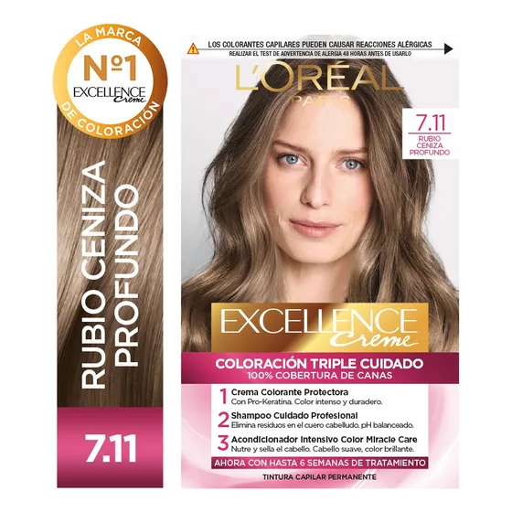 Kit De Coloración Permanente L'Oréal Paris Excellence Creme Tono 7.11 Rubio Ceniza Profundo