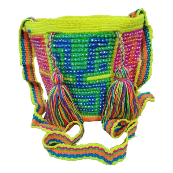 Mochila Wayuu Diseño Pequeña Con Piedreria Fajon Tradicional