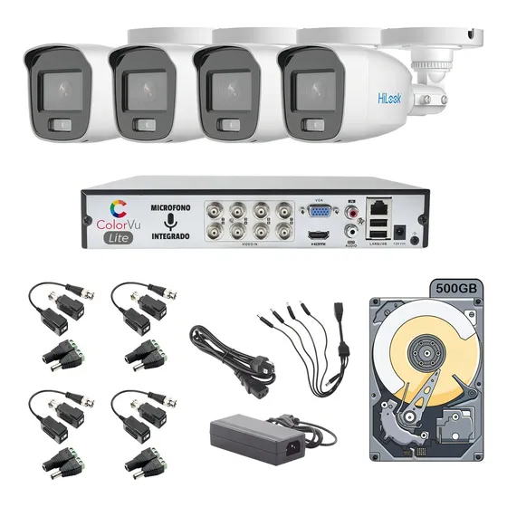Kit Circuito Cerrado Hilook Dvr 8 Canales 4 Camaras 1080p 2mp Full Hd Colorvu Audio Thc-b129-ps Video A Color 24/7 Video Baluns + Disco Duro 500gb