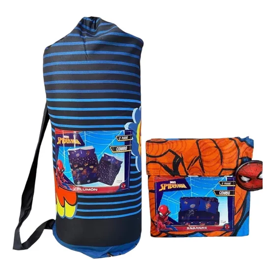Pack Plumon Relleno + Sabana Mf 2pl Spiderman Comic Color Azul