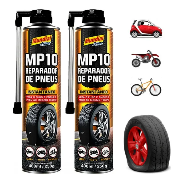2 Reparador Pneu Furado Intantâneo 400ml Veda Furo Enche Top