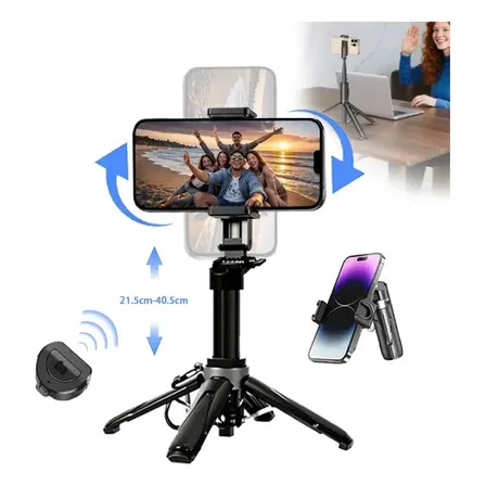Tripé Bastão Portátil Celular Girar 360° Com Bluetooth Controle Profissional 3 Em 1 Tripé Celular Bastão Foto Vídeo Retrátil Para Live, Vídeo E Fotografia Preto