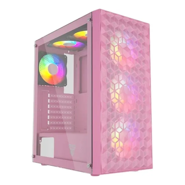 Gabinete Gamer Rosa Mesh Malla Vidrio Templado + 4 Fan Rgb