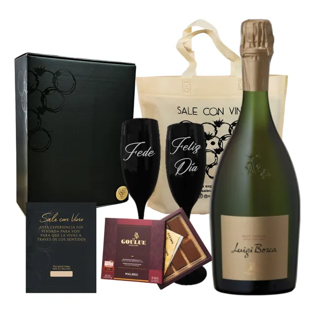 Regalo Caja Champagne Luigi Bosca 2 Copas Negras  Chocolates