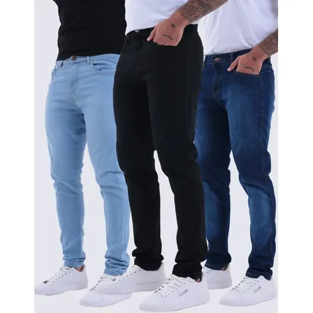 Kit 3 Calças Jeans Skinny Masculina Com Lycra Estica Bem Nf Azul Claro Cinza Preta 40