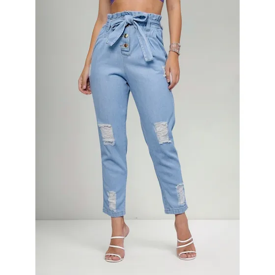 Calça Jogger Jeans Feminina Destroyed Cintura Alta