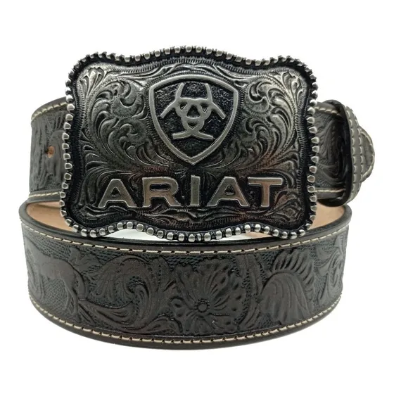Cinto Piel Troquelado Vaquero Hombre Hebilla Plata