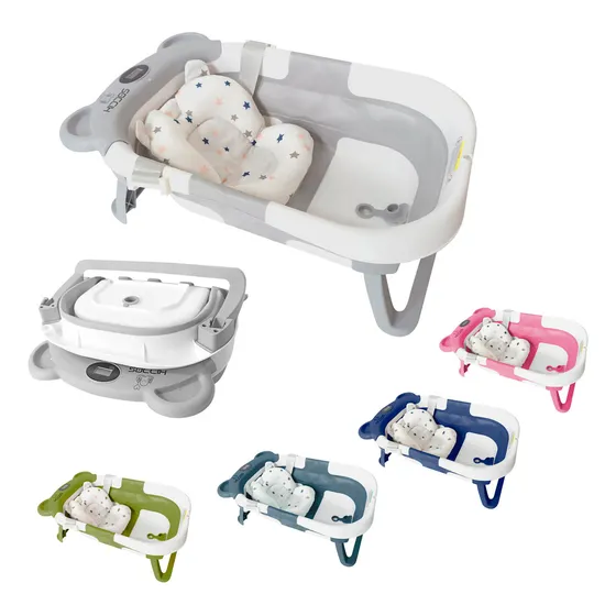 Bañera Plegable Kiddos Bebés Portátil Tina De Baño Viaje Amplia Cómoda Resistente Incluye Cojín Y Termómetro Con Orejas Color Gris