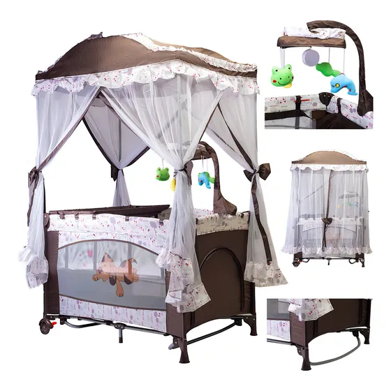 Star Kids Cuna Corral Mecedor S12-7 Con Cambiador Color Café Diseño De La Tela Estampado