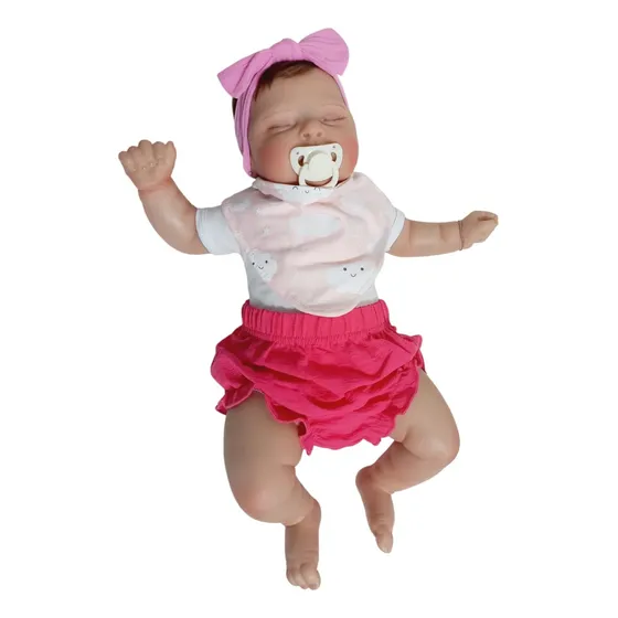 Bebê Reborn Menina Olhos Fechados Cabeluda Gordinha Laura Bb
