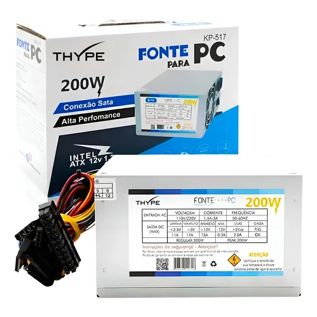 Fonte de Alimentação ATX THYPE 200W Bivolt com Cabo para PC