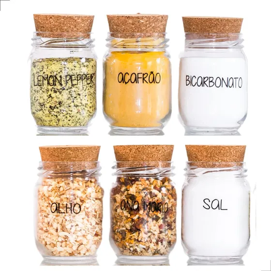 Kit 6 Potes De Tempero + Cartela De Temperos Com 47 Adesivos Cor Transparente