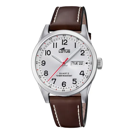 Reloj De Hombre Lotus Correa Piel Café Correa Marrón Bisel Plateado Fondo Plateado