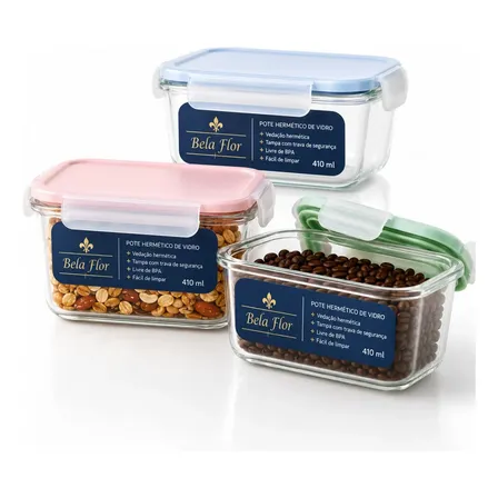 Kit 3 Potes Vidro Hermético 410ml Com Tampa Organizador Sortidas