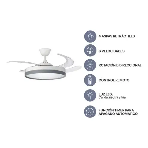 Ventilador De Techo Retráctil Codini Blanco Luz Led Control