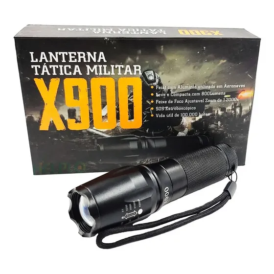 Lanterna Tática de Mão LED Recarregável X900 135000lm Preto Campismo Pesca