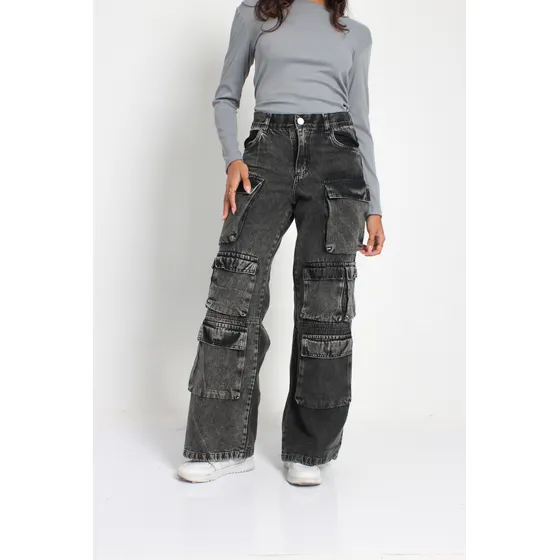 Jean Extra Cargo Mujer Gris Gastado Ktl Denim