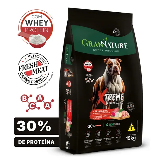 Ração Whey Protein Grannature Xtreme Alta Performance 30% Proteína para Cães Adultos raças Médio E Grande Porte Alimento Seco Sabor Frango Super Premium Com Bcaa Sem Corantes Saúde Articular 15kg