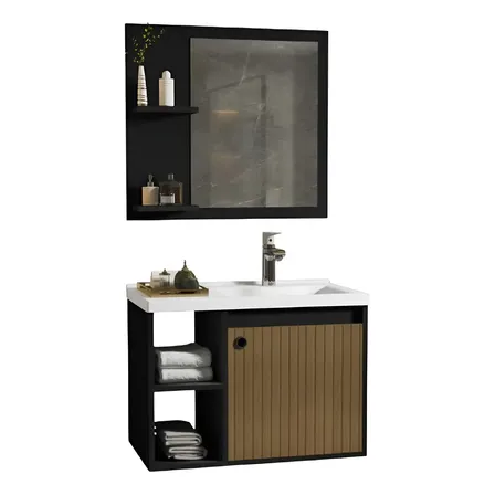 Conjunto Gabinete Com Espelheira E Cuba Para Banheiro Adonis Preto Ripado Ofertamo
