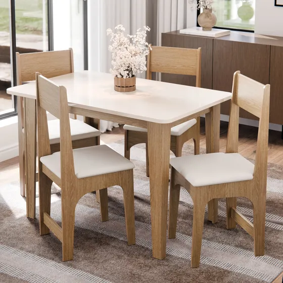 Conjunto Completo Mesa De Cozinha Em Madeira Com 4 Cadeiras Para Sala De Jantar Moderna Cor Mel Off