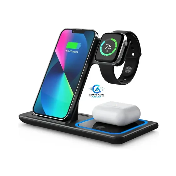 Carregador Indução Estação 3 Em 1 Celular Relógio Fone Para Iphone Apple Watch AirPods Suporte Mesa