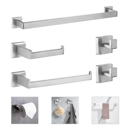Kit 5 Conjunto Acessorios Suporte Banheiro Lavabo Inox 304 Prateado