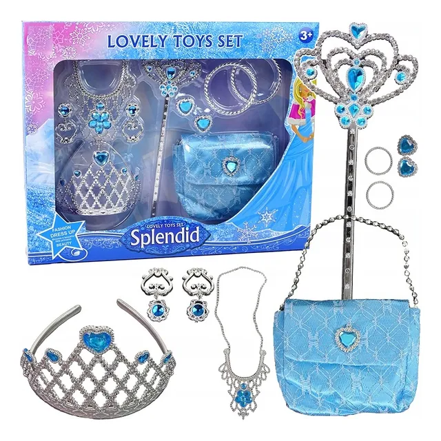 Set Accesorio Princesa Frozen Collar Varita Corona Cartera Color Celeste