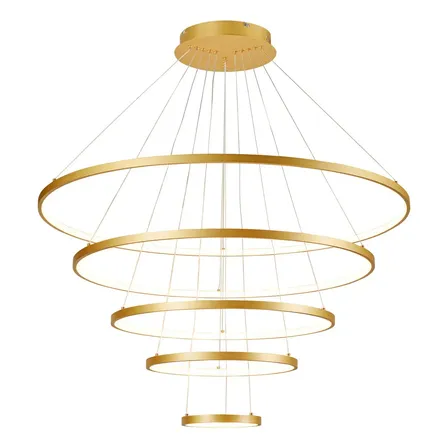 Lustre Pendente Moderno Nitrolux LP-405D Anéis 5 Arcos Pe Direito Duplo Alto Cor Dourado Luz Branco Quente 3000K